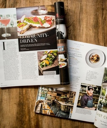 Magazine spread on wood