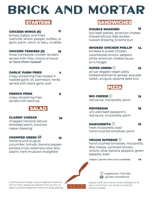 Brick and Mortar menu