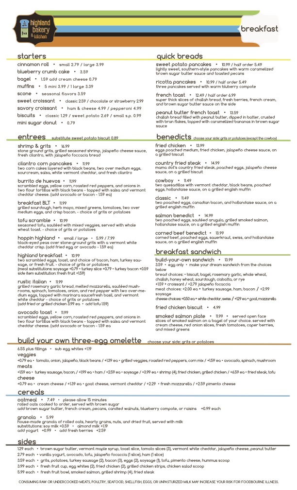 Highland Bakery breakfast menu